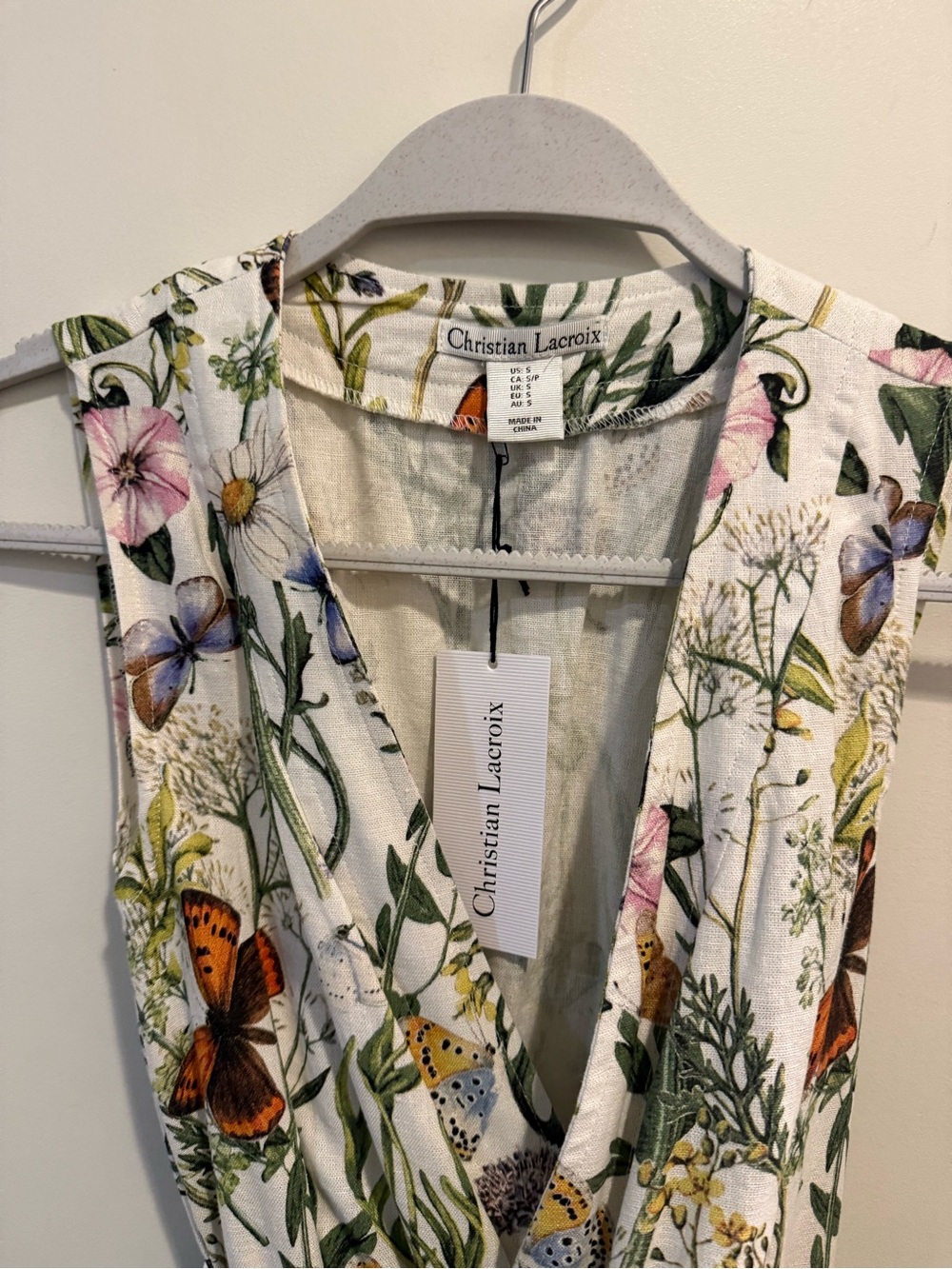 Christian Lacroix White Dress with Green Foliage and Orange Accent